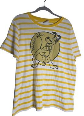 Disney Mickey & Co Pluto Tee Adult XL Yellow White Stripe Y2K Vintage Style